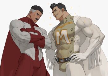 2boys bara belt belt_buckle black_belt black_hair buckle bulge cape commentary covered_abs crossed_arms crossover elbow_gloves english_commentary eye_contact facial_hair gloves grey_hair grin hair_slicked_back hands_on_own_hips highres invincible_(series) laoyanzi looking_at_another male_focus mature_male megamind_(movie) metro_man multicolored_hair multiple_boys muscular muscular_male mustache omni-man red_cape red_gloves skin_tight smile sparkle superhero_costume teeth two-tone_hair white_background white_cape white_gloves