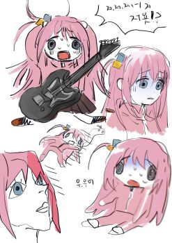 Rule 34 | 1girl, blue eyes, bocchi the rock!, brown footwear, brown skirt, chibi, chibi inset, formal clothes, ghost, goguma wagamja, gotoh hitori, grey eyes, guitar, highres, hood, hoodie, instrument, korean text, long hair, nervous, nervous sweating, open mouth, pink hair, pink hoodie, pink suit, project sekai, sketch, skirt, speech bubble, suit, sweat, talking
