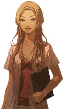 1girl blonde_hair caduceus_new_blood chou_shittou_caduceus clipboard commentary doi_masayuki elena_salazar english_commentary highres holding holding_clipboard lab_coat lipstick makeup nurse official_art pink_eyes simple_background smile solo standing third-party_source transparent_background watch wristwatch