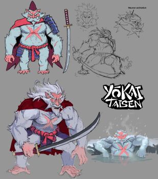 1boy absurdres armor arms_at_sides arms_up barefoot beard belly belt big_nose brain cape chipped_sword closed_eyes closed_mouth commentary cropped_head cross_scar curled_fingers drawpile_(medium) elbow_rest english_commentary english_text facial_hair fangs fighting_stance fingernails floating_hair full_body furry furry_male glaring glowing glowing_eyes grey_background greyscale hair_slicked_back hat highres holding holding_sword holding_weapon japanese_armor kusazuri leaning_back leaning_forward logo long_arms long_eyebrows long_fingernails long_sideburns long_toenails looking_at_viewer looking_to_the_side male_focus medium_hair meme monkey monkey_tail monochrome multiple_views muscular muscular_arms muscular_legs muscular_male mustache naked_armor narrowed_eyes neuron_activation_(meme) onsen open_mouth original partially_submerged pectorals pelvic_curtain pointy_ears reclining red_belt red_cape red_hat rope_belt scar scar_on_arm scar_on_chest scar_on_leg sharp_teeth sideburns simple_background single_sode sketch squatting steam straight-on strongman_waist sword tachi_(weapon) tail teeth thick_eyebrows thighs toenails torn_cape torn_clothes upper_body vertigris weapon white_beard white_fur white_hair x-ray