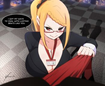 1boy 1girl braid breasts cedric_(gear_art) cleavage english_text french_braid highres huge_breasts looking_at_viewer office_lady orange_hair pov priscilla_barielle pulling re:zero_kara_hajimeru_isekai_seikatsu red_eyes side_ponytail sidelocks smug