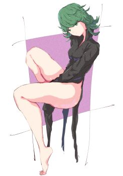 1girl arms_between_legs black_dress breasts closed_mouth collared_dress commentary curly_hair dress feet from_side full_body green_eyes green_hair highres invisible_chair kaneko_ryou legs long_sleeves looking_at_viewer medium_hair one-punch_man purple_background side_slit sitting small_breasts solo spread_legs tatsumaki thick_thighs thighs toes two-tone_background white_background