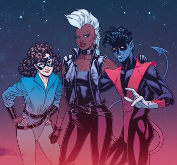 1boy 2girls belt black_belt black_bodysuit black_choker black_gloves black_pants black_shirt black_vest blue_background blue_bodysuit blue_eyes blue_hair blue_skin bodysuit breasts cheekbones choker cleavage colored_sclera colored_skin comic_cover commentary cowboy_shot curly_hair dark-skinned_female dark_skin demon_tail domino_mask earrings english_commentary eye_mask fingerless_gloves fishnet_gloves fishnets gloves gradient_background grin hand_on_another's_shoulder hands_on_own_hips jewelry kitty_pryde leather leather_vest lightning_bolt_earrings lightning_bolt_symbol long_hair looking_at_viewer marvel mask matt_wilson mohawk multicolored_bodysuit multiple_girls muscular muscular_male night nightcrawler official_alternate_costume official_art pants pink_background pointy_ears punk red_bodysuit russell_dauterman shirt short_hair smile star_(sky) storm_(x-men) studded_choker superhero_costume tail vest western_comics_(style) white_gloves x-men yellow_sclera