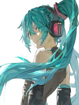 1girl blue_eyes blue_hair commentary detached_sleeves from_behind hair_ornament hashtag-only_commentary hatsune_miku headphones highres long_hair looking_back looking_to_the_side parted_lips phyordi_9y9 shirt simple_background sleeveless sleeveless_shirt solo upper_body vocaloid white_background