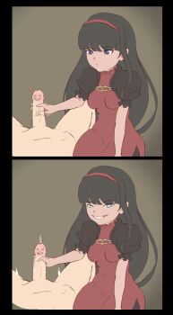 1girl artist_request black_hair blue_eyes cum dress expressionless glowing glowing_eyes hairband handjob highres loli long_hair naughty_face nier nier:automata nier_(series) out_of_frame out_of_frame_male penis red_dress red_girl_(nier) red_hairband sequential simple_background smile source_request square_enix
