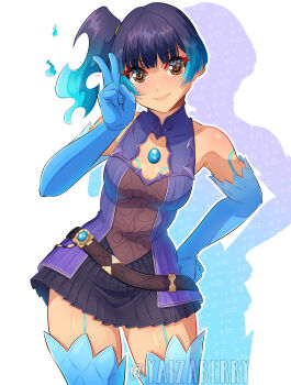 1girl alternate_costume bare_shoulders blue_hair breasts brighid_(xenoblade) brighid_(xenoblade)_(cosplay) brown_eyes cosplay dress elbow_gloves gloves glowing glowing_hair highres looking_at_viewer medium_breasts medium_hair sena_(xenoblade) short_dress side_ponytail thighhighs white_background xenoblade_chronicles_(series) xenoblade_chronicles_2 xenoblade_chronicles_3 yaizaberry