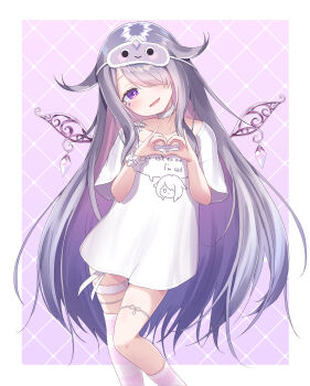 Rule 34 | 1girl, absurdres, argyle background, asymmetrical legwear, banteu, border, clothes writing, commentary, commentary request, cowboy shot, detached wings, english commentary, grey hair, hair over one eye, head tilt, heart, heart hands, highres, hololive, hololive english, koseki bijou, koseki bijou (pebble pajamas), long hair, long shirt, looking at viewer, mixed-language commentary, multicolored hair, official alternate costume, one eye covered, outside border, pink thighhighs, purple background, purple eyes, purple hair, shirt, short sleeves, simple background, single thighhigh, sleep mask, smile, solo, t-shirt, thighhighs, two-tone hair, uneven legwear, very long hair, virtual youtuber, white border, white shirt, wings