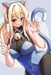 Rule 34 | 1girl, animal ears, artist name, bell, blue leotard, bodystocking, breasts, brown eyes, cat bell, cat ears, cat tail, covered navel, fairy tail, fake animal ears, hair ornament, hair scrunchie, large breasts, leotard, looking at viewer, lucy heartfilia, pink scrunchie, reytsu72, scrunchie, sidelocks, sleeveless, smile, tail, twintails