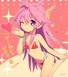 Rule 34 | 1girl, armpit crease, barefoot, bikini, blowing kiss, borrowed character, bracelet, collarbone, commentary request, dragon horns, flat chest, heart, horns, jewelry, looking at viewer, metata, navel, one eye closed, open mouth, original, pearl bracelet, petite, pink eyes, pink hair, pointy ears, red bikini, solo, standing, standing on one leg, star (symbol), star in eye, suzuka sutera (axiacid), swimsuit, symbol in eye, translation request