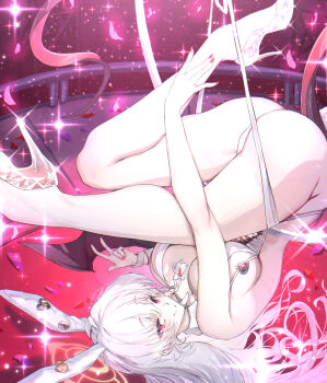 1girl absurdres alternate_costume animal_ears ass azur_lane blue_archive cosplay demon_tail fake_animal_ears fake_wings falling_petals glass_footwear glass_slipper gymnastics halo haruna_(blue_archive) highres leotard long_hair looking_at_viewer o-ring_leotard paid_reward_available petals playboy_bunny red_halo red_nails sirius_(azur_lane) sirius_(azur_lane)_(cosplay) sirius_(rabbit_of_paradise)_(azur_lane) smile solo sunnysideup tail translucent_bunnysuit upside-down v white_background white_leotard wings