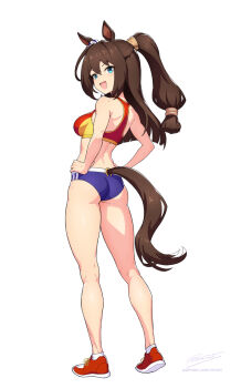 1girl alternate_costume animal_ears ankle_socks ass blue_eyes breasts brown_hair brown_tail commentary crop_top ear_scrunchie el_condor_pasa_(umamusume) english_commentary from_behind hair_intakes hands_on_own_hips horse_ears horse_girl horse_tail large_breasts long_hair looking_at_viewer looking_back mask midriff no_eyewear open_mouth red_shoes revenantart shoes simple_background smile socks solo standing tail thighs umamusume white_background white_socks