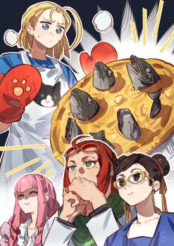 4girls apron black_hair blonde_hair cammy_white capcom chun-li eyewear_on_head fish fish_head food formal_clothes glasses highres jacket manon_legrand marisa_(street_fighter) multiple_girls oven_mitts pie pink_hair pizza red_hair stargazy_pie street_fighter street_fighter_6 suit yumi_xsh