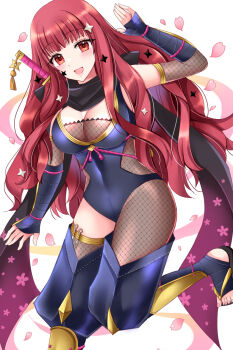 1girl :d arm_wrap asymmetrical_legwear black_scarf blush bodystocking breasts cleavage commentary_request covered_navel facial_mark fire_emblem fire_emblem_engage fire_emblem_heroes fishnet_bodystocking fishnet_thighhighs fishnets gradient_scarf hair_ornament highres japanese_clothes kirishima_riona knife large_breasts long_hair looking_at_viewer ninja nintendo official_alternate_costume open_mouth petals red_eyes red_hair sandals scarf shuriken shuriken_hair_ornament smile solo star_(symbol) star_facial_mark star_hair_ornament sword thighhighs thighs weapon weapon_in_garters yunaka_(fire_emblem) yunaka_(stealthy_imitator)_(fire_emblem)