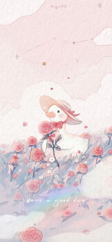 absurdres animal animal_focus artist_name beak bird black_eyes bow bowtie clothed_animal cloud constellation duck english_text field flower flower_field hat hat_bow highres holding holding_flower honey_guojiang light_blush looking_ahead no_humans original pink_flower pink_rose rainbow red_bow red_bowtie rose sitting solid_circle_eyes source_request star_(sky) star_(symbol) sun_hat third-party_source yellow_hat
