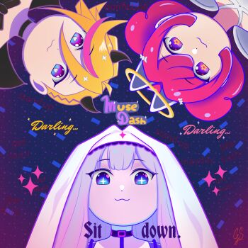 3girls :3 absurdres angel angel_wings blonde_hair blue_eyes bow bowtie chibi collarbone cross-shaped_pupils demon_wings devil gado_soulsilver hair_between_eyes halo heart heart-shaped_pupils highres horns looking_at_viewer multicolored_hair multiple_girls muse_dash nun pink_eyes pink_hair purple_eyes sparkle sparkling_eyes star-shaped_pupils star_(symbol) symbol-shaped_pupils title upside-down wings