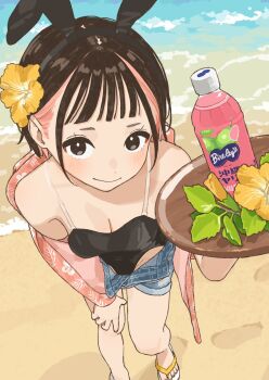 1girl animal_ears arm_out_of_sleeve beach black_hair black_leotard bottle breasts cleavage closed_mouth commentary commentary_request denim denim_shorts drink fake_animal_ears fanged_bangs flip-flops flower footprints from_above hand_on_own_knee hawaiian_shirt hibiscus highres holding holding_tray leotard leotard_under_clothes light_blush looking_at_viewer mashiro_ka multicolored_hair open_fly original pink_hair plastic_bottle rabbit_ears sandals shirt short_hair short_shorts shorts simple_background small_breasts smile solo spaghetti_strap tray two-tone_hair water white_background yellow_flower