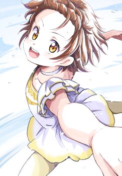 Rule 34 | 1girl, braid, braided bangs, brown eyes, brown hair, choker, dress, figure skating, figure skating dress, foreshortening, frilled sleeves, frills, highres, looking at viewer, medalist (manga), open mouth, outstretched arms, pantyhose, short dress, short hair, short sleeves, smile, solo, spread arms, uraki, white choker, white dress, white pantyhose, yuitsuka inori