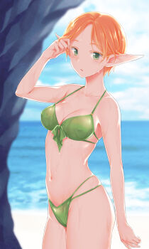 1girl absurdres adjusting_hair bare_shoulders beach bikini blue_sky breasts cloud collarbone covered_erect_nipples elf gensou_suikoden gensou_suikoden_iv green_bikini green_eyes ham_pon highres looking_at_viewer medium_breasts navel ocean orange_hair paula_(suikoden) pointy_ears short_hair sky solo swimsuit wet