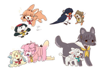 Rule 34 | :d, ^ ^, animal, animal focus, animal with hair, animalization, anyoji hime, aqua neckerchief, bird, blue eyes, ceras yanagida lilienfeld, cerise bouquet, closed eyes, clothed animal, commentary, dog, dollchestra, edel note, green eyes, hair ornament, hamster, hashtag-only commentary, hinoshita kaho, hood, hooded jacket, hopping, jacket, kachimachi kosuzu, katsuragi izumi, kiruzzy, link! like! love live!, long hair, love live!, medium hair, mira-cra park!, momose ginko, murano sayaka, neckerchief, no humans, open clothes, open jacket, open mouth, orange eyes, osawa rurino, pink dog, pink eyes, pink jacket, rabbit, rabbit hair ornament, red neckerchief, sailor collar, simple background, smile, tsuru (love live!), two side up, v-shaped eyebrows, virtual youtuber, white background, white sailor collar, winter uniform, yellow dog, yellow neckerchief