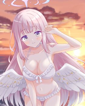 1girl angel_wings bare_shoulders blue_archive blush breasts choker cleavage collarbone commentary_request feathered_wings halo highres hinata_mizore large_breasts leaning_forward low_wings mika_(blue_archive) mika_(swimsuit)_(blue_archive) navel official_alternate_costume official_alternate_hairstyle outdoors pink_hair pink_halo smile solo stomach sunset swimsuit white_choker white_wings wing_ornament wings