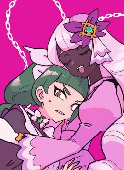 2girls apron black_romper braid braided_ponytail brown_eyes closed_eyes dark-skinned_female dark_skin dress fascinator frills gloves green_hair hair_ornament highres hoyon hug jacinthe_(pokemon) juliet_sleeves lebanne_(pokemon) long_hair long_sleeves low_drills maid maid_apron maid_headdress mega_stone multiple_girls nintendo open_mouth parted_lips pokemon pokemon_legends:_z-a puffy_sleeves purple_dress purple_hair romper smile sweatdrop teeth upper_teeth_only very_dark_skin white_gloves