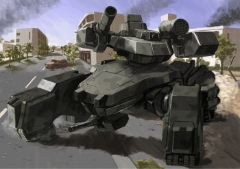 arm_cannon black_smoke blue_sky bulding caterpillar_tracks highres mecha missile_pod no_humans one-eyed original outdoors robot sky smoke tyokugekidato weapon wreckage