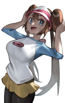 Rule 34 | 1girl, :d, absurdres, black pantyhose, blue eyes, bright pupils, brown hair, commentary, double bun, hair bun, hands up, highres, long hair, nintendo, open mouth, pantyhose, pokemon, pokemon bw2, raglan sleeves, rasoso (wyzx4524), rosa (pokemon), shirt, shorts, simple background, smile, solo, three-quarter sleeves, tongue, twintails, visor cap, white background, yellow shorts
