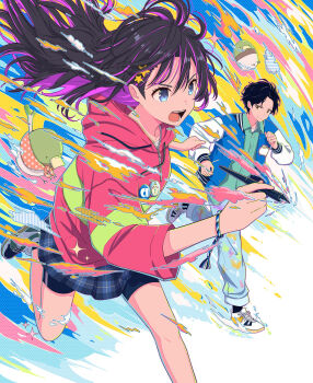 1boy 1girl abstract_background bike_shorts black_hair blue_eyes brown_eyes hair_ornament highres hood hoodie long_hair mascot multicolored_hair open_mouth original painting_(action) pink_hoodie polka_dot purple_hair running sakeharasu shoes short_hair skirt smile sneakers stylus