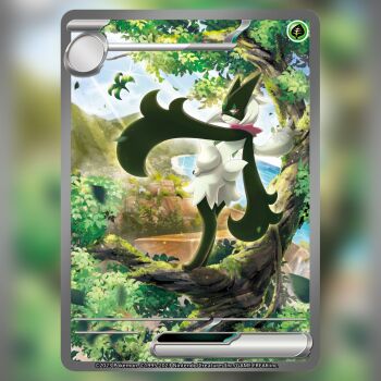 blue_sky card_(medium) cloud commentary company_name copyright_name copyright_notice english_commentary leaf looking_back meowscarada nintendo official_art outdoors pink_eyes pokemon pokemon_(creature) pokemon_card pokemon_focus pokemon_tcg saitou_kouki sky smile solo standing sunlight textless_version third-party_source trading_card tree water