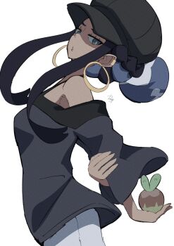 1girl applin bare_shoulders black_hair black_hat black_shirt blue_eyes blue_hair commentary dark-skinned_female dark_skin earrings from_side gen_8_pokemon hashtag-only_commentary hat highres hoop_earrings ida_(idalol490) jewelry multicolored_hair nessa_(pokemon) nintendo official_alternate_costume open_mouth pants pokemon pokemon:_twilight_wings pokemon_(creature) pokemon_swsh shirt short_hair_with_long_locks two-tone_hair