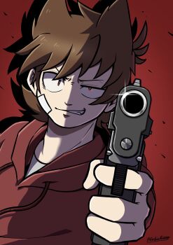 1boy absurdres animification bandaid bandaid_on_face bright_pupils brown_hair commentary eddsworld english_commentary fang flipped_hair grin gun hair_ears highres holding holding_gun holding_weapon hood hood_down hoodie kashimiato male_focus red_background red_eyes red_hoodie short_hair signature simple_background smile solo tord_(eddsworld) uneven_eyes upper_body weapon white_pupils wide-eyed