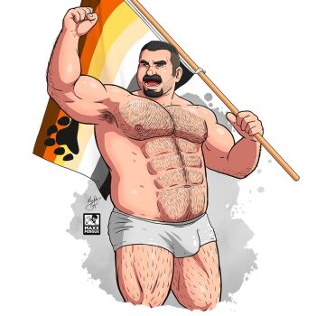 1boy abs armpit_hair bara bear_pride_flag beard_stubble black_hair bulge clenched_hand cropped_legs facial_hair flag goatee hairy holding holding_flag large_pectorals lgbt_pride male_focus mature_male maxxfergus muscular muscular_male mustache navel navel_hair nipples original paw_print pectorals short_hair sideburns solo standing stomach strongman_waist stubble thick_arm_hair thick_chest_hair thick_leg_hair thick_mustache thick_navel_hair thighs topless_male very_hairy