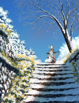 1girl absurdres animal_ears bare_tree blue_sky commentary commentary_request day detached_sleeves english_commentary facing_away falling_leaves flower from_behind grey_hair hat highres inubashiri_momiji leaf long_hair mixed-language_commentary oubachiago outdoors procreate_(medium) red_hat scenery sheath sheathed sky snow solo stairs stone_stairs sword tail tokin_hat touhou tree very_long_hair weapon wide_shot winter wolf_ears wolf_girl wolf_tail yellow_flower