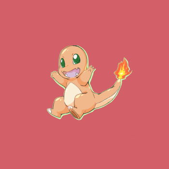 absurdres animal_focus charmander fangs fire flame-tipped_tail full_body gen_1_pokemon green_eyes highres looking_at_viewer nintendo no_humans ny0t4ro open_mouth pokemon pokemon_(creature) red_background simple_background solo tail