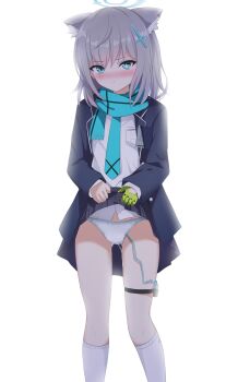 1girl absurdres animal_ears black_skirt blazer blue_archive blue_eyes blue_halo blue_jacket blue_necktie blue_scarf blush breast_pocket bright_pupils closed_mouth clothes_lift commentary_request cross cross_hair_ornament earrings embarrassed feet_out_of_frame gloves green_gloves grey_hair hair_ornament halo highres inverted_cross jacket jewelry kaze_(kaze_kaza) kneehighs layered_sleeves lifting_own_clothes long_sleeves looking_at_viewer medium_hair miniskirt mismatched_pupils necktie nose_blush open_clothes open_jacket paid_reward_available panties partial_commentary plaid_clothes plaid_skirt pocket pussy_juice pussy_juice_drip_through_clothes scarf school_uniform sex_toy shiroko_(blue_archive) shirt simple_background single_glove skirt skirt_lift socks solo standing stud_earrings thigh_strap underwear vibrator vibrator_cord vibrator_in_thigh_strap vibrator_under_clothes vibrator_under_panties white_background white_panties white_pupils white_shirt white_socks wolf_ears wolf_girl