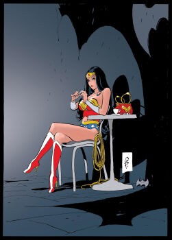 1girl absurdres armlet batman_(series) batman_symbol commentary dc_comics diana_prince english_commentary goran_parlov happy_birthday highres jewelry lasso lasso_of_truth shadow superhero_costume tattoo tattoo_sleeve tea tiara wonder_woman wonder_woman_(series)