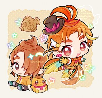 2boys :d blush_stickers boots brown_eyes brown_hair brown_shorts chibi chibi_only closed_mouth commentary cure_wing doradorakingyo dual_persona full_body green_shoes hair_ornament hair_over_one_eye hirogaru_sky!_precure looking_at_viewer magical_boy male_focus multiple_boys open_mouth orange_boots orange_hair precure red_eyes shirt shoes short_hair short_sleeves shorts sitting smile star_(symbol) twitter_username watermark wing_hair_ornament yellow_shirt yuunagi_tsubasa