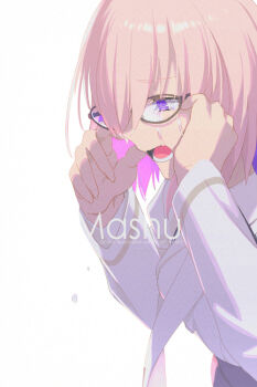 1girl breasts character_name collared_shirt colored_inner_hair commentary_request cropped_jacket crying echo_(circa) fate/grand_order fate_(series) glasses grey_skirt hair_over_one_eye high-waist_skirt jacket large_breasts long_sleeves mash_kyrielight mash_kyrielight_(chaldea_uniform) multicolored_hair necktie open_mouth pink_hair purple_eyes purple_hair shirt short_hair skirt solo white_jacket white_shirt