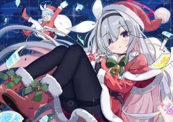 >_< 2girls arona_(blue_archive) bell black_choker black_hairband black_pantyhose blue_archive blue_hair blush boots choker commentary_request floating full_body green_ribbon grey_eyes hairband hat highres holding holding_sack long_hair looking_at_viewer masushi_masashi multicolored_hair multiple_girls outdoors pantyhose paper parted_lips pink_hair plana_(blue_archive) pom_pom_(clothes) red_boots ribbon sack santa_costume santa_hat short_hair star_(sky) thighband_pantyhose two-tone_hair white_hair white_hairband white_pantyhose