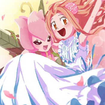 Rule 34 | 2girls, aioka (aichiu kuchiu), bare shoulders, blush, brown eyes, brown hair, carrying, digimon, digimon (creature), digimon adventure, dress, gradient background, green wings, lilimon, multiple girls, nail polish, open mouth, pink background, princess carry, tachikawa mimi, white dress, wings, yellow background