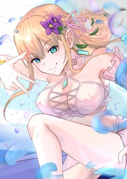 Rule 34 | 1girl, bare shoulders, bikini, blonde hair, blue eyes, braid, breasts, cleavage, closed mouth, commentary request, criss-cross halter, earrings, elf, flower, gem, hair flower, hair ornament, halterneck, heaven burns red, highres, jewelry, large breasts, long hair, looking at viewer, pointy ears, purple flower, smile, solo, swimsuit, toujou tsukasa, v, white bikini, yuukari345