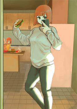 Rule 34 | 2girls, absurdres, black leggings, breasts, bright pupils, burger, cellphone, commentary, cup, daughter (yoru mac), drinking straw, food, french fries, grey sweater, highres, holding, holding food, holding phone, leggings, looking down, medium breasts, mother (yoru mac), multiple girls, orange hair, phone, presiart, short hair, smartphone, smile, solo focus, sweater, symbol-only commentary, white pupils, yoru mac