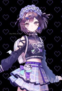 1girl :t absurdres bear_head belt black_background black_bow black_sweater bow brown_hair clothing_cutout commentary_request cropped_sweater frilled_hairband frills hair_ornament hairband hairclip heart heart_background heart_hair_ornament heart_print highres long_sleeves looking_at_viewer medium_hair midriff pipi_(pipinavigation) project_sekai purple_belt purple_skirt shinonome_ena shoulder_cutout skirt sweater turtleneck