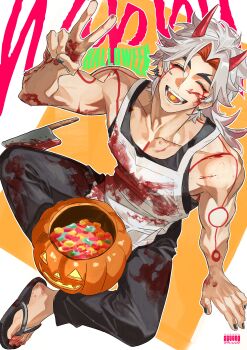 1boy absurdres apron arataki_itto arm_support arm_tattoo arm_up black_pants blood blood_on_clothes blood_on_face bloody_weapon candy cleaver closed_eyes collarbone colored_inner_hair commentary demon_horns english_commentary food forked_eyebrows genshin_impact halloween halloween_bucket highres horns male_focus multicolored_hair open_mouth pants red_hair red_horns red_tattoo sandals sitting smile snvvvo solo tattoo teeth tongue v weapon white_apron white_hair