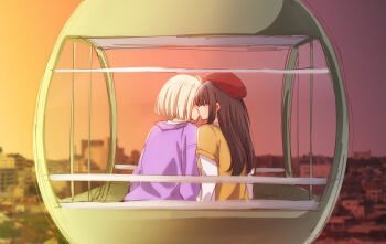 2girls absurdres alternate_costume beret black_hair blonde_hair bob_cut casual commentary_request evening ferris_wheel from_behind hair_over_eyes hat highres hood hood_down hoodie inoue_takina kage_ochi kiss layered_clothes long_hair lycoris_recoil multiple_girls nishikigi_chisato no_eyes outdoors pink_hoodie profile red_headwear shirt short_hair upper_body white_shirt yellow_shirt yuri