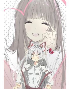 black_hair blunt_bangs bow broken_heart closed_eyes collared_shirt fujiwara_no_mokou hair_between_eyes hair_bow head_rest heart highres hime_cut houraisan_kaguya long_hair pants parted_lips pink_shirt red_eyes red_pants sesmkun shirt smile surprised teeth touhou upper_body upper_teeth_only very_long_hair white_hair white_shirt