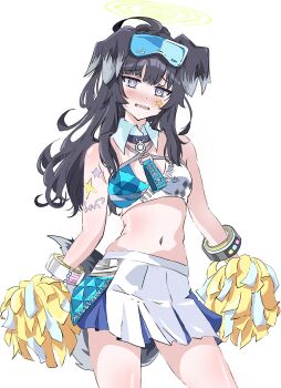 1girl absurdres amanotti_01 animal_ears anime_coloring black_hair blue_archive blush cheerleader dog_ears dog_girl dog_tail goggles goggles_on_head halo hibiki_(blue_archive) hibiki_(cheer_squad)_(blue_archive) highres holding holding_pom_poms long_hair looking_at_viewer millennium_cheerleader_outfit_(blue_archive) official_alternate_costume open_mouth pom_pom_(cheerleading) pom_poms simple_background skirt solo standing star_(symbol) star_sticker sticker sticker_on_arm sticker_on_face tail thigh_focus thighs white_background yellow_halo