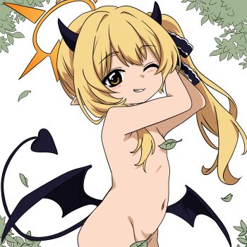 1girl absurdres bad_tag black_horns black_ribbon black_tail black_wings blonde_hair blue_archive blush closed_mouth completely_nude demon_girl demon_horns demon_tail demon_wings female_focus hair_ribbon halo highres hikari_(artist) horns ibuki_(blue_archive) leaf leaf_censor loli long_hair looking_at_viewer low_wings navel nude one_eye_closed orange_eyes orange_halo pointy_ears ponytail ribbon side_ponytail smile solo tail white_background wings