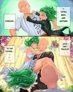 1boy 1girl absurdres bald bouquet breasts bridal_veil bride carrying commentary curly_hair dress dual_persona english_commentary fair6805_(rkrk12) flipped_hair floating floating_object flower formal_clothes green_eyes green_hair groom highres holding holding_bouquet husband_and_wife jewelry one-punch_man petite princess_carry ring saitama_(one-punch_man) small_breasts suit tatsumaki tuxedo veil wedding wedding_dress wedding_ring white_suit
