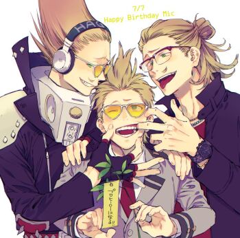 3boys :d age_comparison amplifier belt blonde_hair boku_no_hero_academia costume crested_hair dated english_text epaulettes facial_hair finger_in_another&#039;s_mouth fingerless_gloves glasses gloves green_eyes hair_up hand_on_another&#039;s_face hand_on_another&#039;s_shoulder happy_birthday headphones holding holding_plant jacket jewelry long_hair looking_at_another looking_at_viewer making_faces male_focus mixed-language_text multiple_boys multiple_persona mustache open_mouth plant present_mic quiff school_uniform short_hair sideways_glance sideways_mouth simple_background smile studded_belt studded_jacket sunglasses tag tanabata time_paradox tinted_eyewear translated u.a._school_uniform upper_body ura_musi watch white_background wristwatch